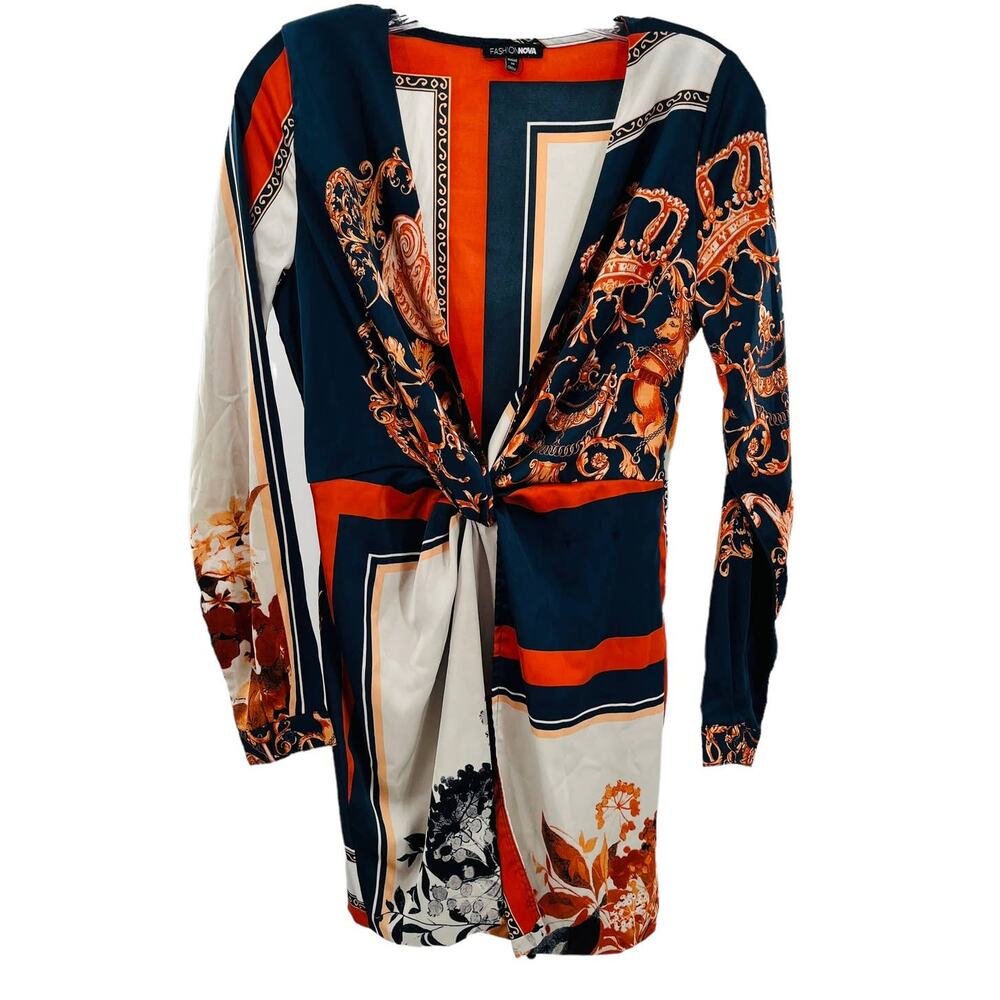 Fashion Nova Navy  Orange White Luxury Faux Wrap Long Sleeve Dress Women Sz M